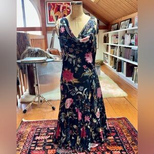 FIORI di ZUCCA 100% Silk Black Floral Bias Cut Cowl Neck Maxi Dress Size 10 NWT